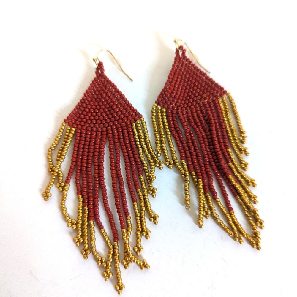 Artisan Native American Seed Bead Tasseled Dangle Hook Southwestern Earrings